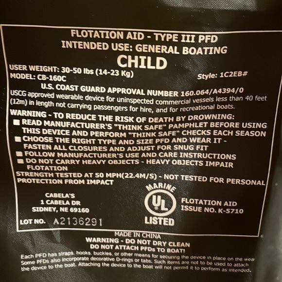 Life Vest Child Floatation Aid Type 3 PFD.. New Flotation Device - Picture 4 of 6